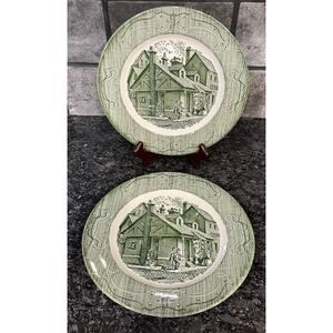 2 Royal China 10" Dinner Plates The Old Curiosity Shop Green Hinges on Rim
